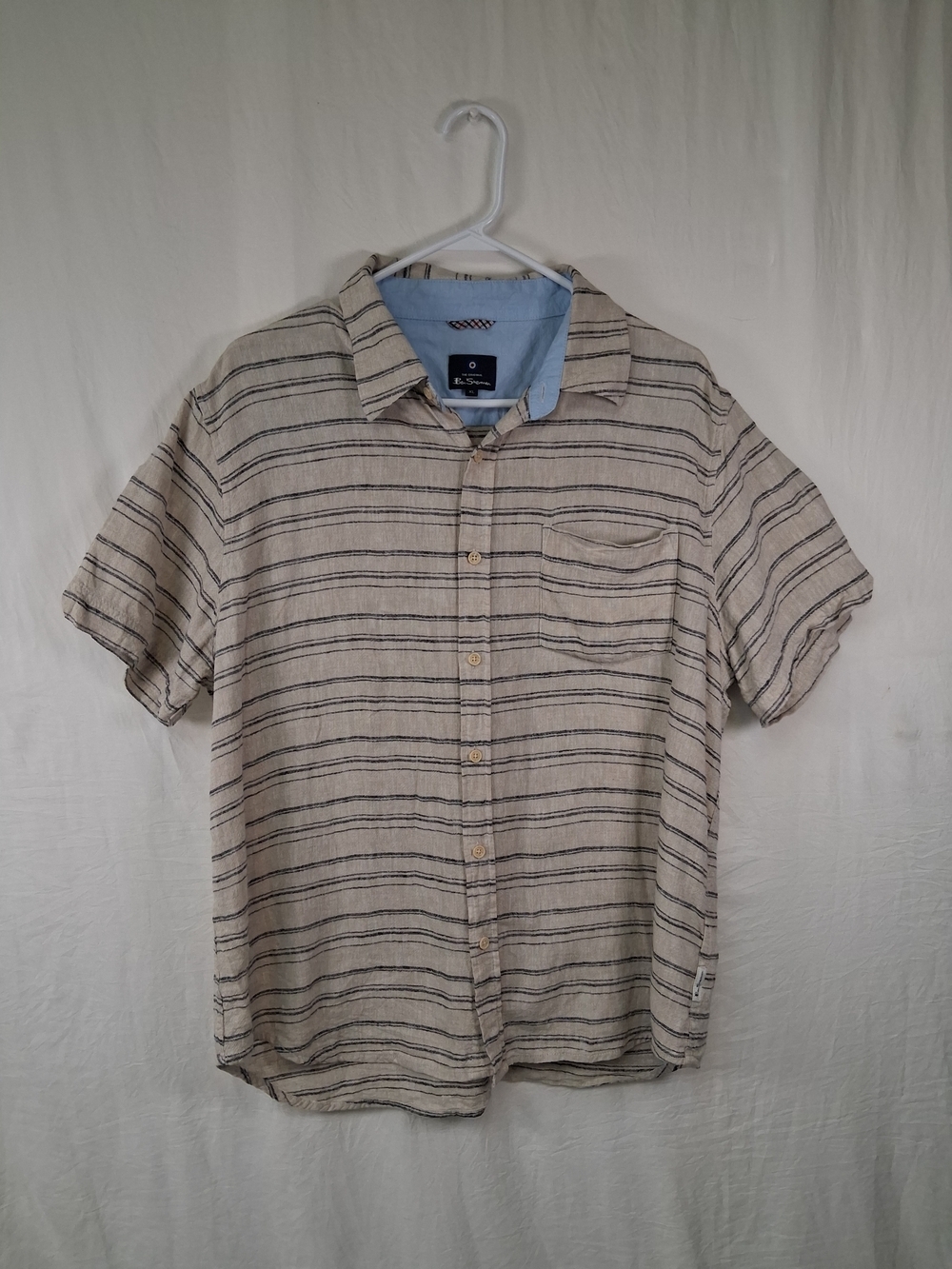 Ben Sherman Club Room Beige Short-Sleeve Button-Down with Navy Stripes - Picture 5 of 17